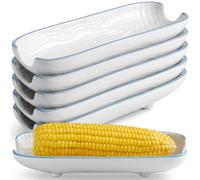 Potchen 6 Set Corn on the Cob Ceramic Holders White Ceramic Dishes 8.5 Inches Durable Stoneware Side Plates with Blue Trim Non-slip Bottom Cob Trays for Corn Festival Vegetables Snacks