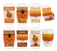 Potchen 6 Set Thanksgiving Gift Card Holders with Pumpkins Crochet Coffee Cozy Fall Thanksgiving Coffee Cup Gift Card Sleeves for Fall Harvest Teacher Friends Colleague Staff Party Favors