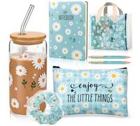Potchen 7 Pcs Daisy Gifts Set for Women Birthday Gift for Her Cute Daisy 16 Oz Glass Cup with Straw Cosmetic Bag Notebook Pen Hair Tie Aesthetic Glass Cup Gifts Set for Girl Friend Sister(Blue)