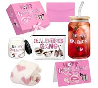 Potchen 8 Pcs/1 Set Galentine's Day Gift Set Include 17 oz Galentine Glass Cup Makeup Bag Socks Rose Scented Candle Greeting Card Envelope with Box Valentine Friendship Gifts for Women Female Sister