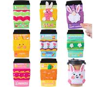 Potchen 9 Sets Easter Teacher Appreciation Gifts Crochet Coffee Mug Cozy Teacher Gifts Bulk Holiday Cup Sleeves with Thank You Cards Easter Party Favors for School Office Team Goodie Bag Fillers
