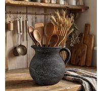 Potchen Rustic Kitchen Utensil Holder with Handle,7 Inch Ceramic Vintage Utensil Crock for Countertop, Farmhouse Kitchen Decoration Ceramic Pot for Spatulas Spoons Tongs(Classic,Antique Black Gold)