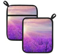 Potholders for Kitchens, Sunset over Violet Lavender Field in Provence France Area Pot Holders Set of 2, Kitchen Heat Resistant Potholder for Microwave Cooking Baking Oven End Dishes and BBQ