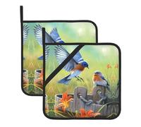 Potholders Set â€“ Eastern Blue Bird Print Pot Holders, Oven Mitts, BBQ & Grilling Hotpads, Square Kitchen Accessories