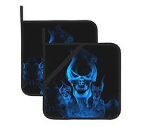 Potholders Set â€“ Flame Skeleton Skull Head Print Pot Holders, Oven Mitts, BBQ & Grilling Hotpads, Square Kitchen Accessories
