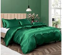 Pothuiny 5 Piece Satin Duvet Cover Set, Luxury Silky Emerald Green Duvet + Pillow Cases, Full/Queen Size, Zipper Closure