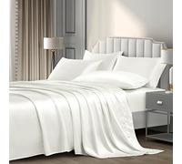Pothuiny 6 Pcs Queen Satin Sheets Luxury Silky White Satin Bedding Sheet Set, 1 Deep Pocket Fitted Sheet + 1 Flat Sheet + 4 Pillow Cases