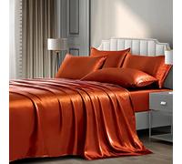 Pothuiny Luxury Silky Satin Bed Sheets King Bedding Set, Burnt Orange - King Size, 1 Fitted + 1 Flat Sheet + 4 Pillow Cases