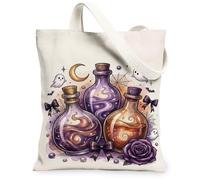 Potion Bottles Canvas Tote Bag, Fanciful Gothic Ghosts Rose Halloween Violet Aesthetic Tote Bags 13x15 Inch, Purple, 13x15 Inch