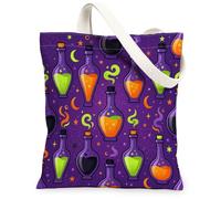 Potion Canvas Tote Bag for Women, Fanciful Playful Bottle Spider Halloween Violet Shopping Bag Ideas for Shopping Trips Office Library Casual 13x15 Inch