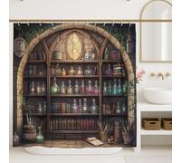 Potion Shelf Shower Curtain, Vintage Brown Green Magical Decor, Autumn Winter Rustic Artistic Fabric Shower Curtain with Hooks 72x78 Inch