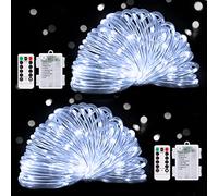POTIVE 100 LED White String Lights Battery Operated, Battery Rope Lights with Remote, 33Ft Battery Powered String Lights for Outside Camping Tent Pool Garden Decorations (2 Pack)