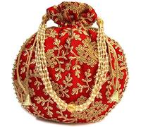 Potli Bag For Women With Intricate Gold Thread & Sequin Ethnic Designer Embroidery Work Batwa Pearls Handle Potli (Red), Red