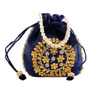 Potli Clutch Blue Batawa Bag Purse Embroidered Embellished Handmade Traditional Ethnic Golden Work Ladies Handbag for Girls Women for Party Wedding Special Occasion and Gifting