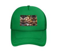 Potluck Supper Black Printed Adjustable Mesh Baseball Cap - Unisex, Outdoor Running and Fishing Sun Hat, Green, One Size