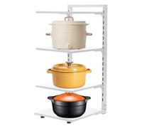 Pots and Pans Organiser, 4 Tier Pan Stand Snap-on Stew Saucepan Stand, Freestanding Carbon Steel Pan Stand for Kitchen Counter Cabinet, Pot Organizer, Drain Hole Design, 27x23x53 cm (White)
