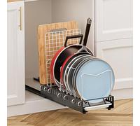 Pots and Pans Organizer Under Cabinet, Pot Lid Pan Organizer Inside Cabinet, Pull Out Cabinet Organizer with Drain Pan, Pot Organizer Rack for Under Cabinet Featuring 7 Adjustable Dividers