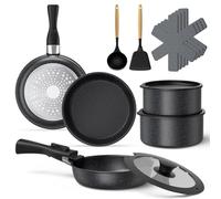 Pots and Pans Set Non Stick 15pcs, Kitchen Stackable Cookware Set with Detachable Handle, Nonstick Granite Coated Induction Cookware Set with Lids, PFOS/PFOA Free, Oven Safe