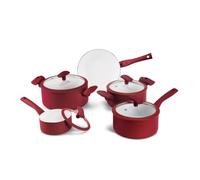 Pots and Pans Set Nonstick Ceramic - 9-Piece Non Stick Frying Pan and Cooking Pot Set - Red Aluminum Pans, Ceramic Coating, Glass Lids, Silicone Handles - Kitchen Cookware Sets by Mundial