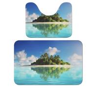 POTSCBVW 2-Piece Coral Fleece Bath Rug Set, Soft & Absorbent Floor Mat & U-Shaped Mat, Non-Slip Beautiful Island in The Sea Bathroom Rugs for Bathroom Bedroom, 15.7"x23.6"
