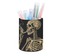POTSCBVW A Skeleton with Burning Cigarette Pen Holder for Desk, PU Leather Pencil Holders Round Pen Cup Desk Organizer for Office Supplies, Stylish Makeup Brush Holder Pencil Cup for Home, Classroom