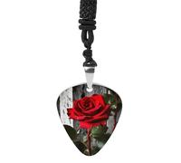 POTSCBVW Blooming Red Rose Guitar Pick Necklace for Men Women Titanium Steel Guitar Picks Pendant, Personalized Rock Music Jewelry for Anniversary Birthday Music Lover Gifts, One size, Titanium Steel