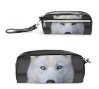POTSCBVW Blue Eyed White Husky Pencil Case Large Capacity with Two Compartments, Zipper Leather Pencil Pouch, Portable Travel Cosmetic Bag for Women Men