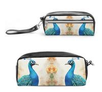 POTSCBVW Cartoon Blue Peacock Pencil Case Large Capacity with Two Compartments, Zipper Leather Pencil Pouch, Portable Travel Cosmetic Bag for Women Men