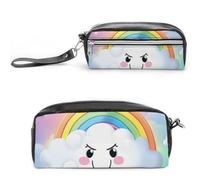 POTSCBVW Cartoon Smiling Cloud Rainbow Pencil Case Large Capacity with Two Compartments, Zipper Leather Pencil Pouch, Portable Travel Cosmetic Bag for Women Men
