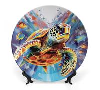 POTSCBVW Colorful Sea Turtle Wall Art, 8inch Bone China Decorative Plate with Stand, Ceramic Display Plate Set for Home Wall Hanging Decoration