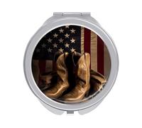 POTSCBVW Compact Mirror for Purse, American Flag with Cowboy Boots Makeup Mirror Ultra Slim Double-Sided 1X/2X Magnifying, Small Pocket Mirrors Foldable Vanity Mirrors for Travel, On-The-Go Touch-Ups