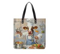POTSCBVW Cow in The Kitchen Tote Bag for Women, Extra Large PU Leather Handbag, Soft Shoulder Bag for Work & Beach