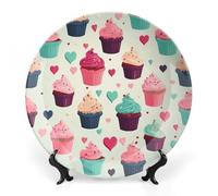 POTSCBVW Cupcake Candy Hearts Sweet Wall Art, 7inch Bone China Decorative Plate with Stand, Ceramic Display Plate Set for Home Wall Hanging Decoration