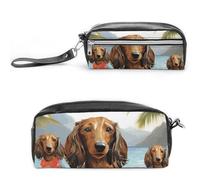 POTSCBVW Dachshund Tropical Painting Art Pencil Case Large Capacity with Two Compartments, Zipper Leather Pencil Pouch, Portable Travel Cosmetic Bag for Women Men