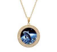 POTSCBVW Dolphin Earth Pendant Necklace for Women Men - Elegant Diamond Necklace with 19.7 Inch Chain, Diamond Pendant Jewelry for Birthday Christmas Valentine's Day Gift, One Size, Metal, alloy