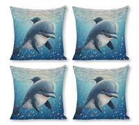 POTSCBVW Dolphin Pillow Covers, Breathable Linen Pillow Cases - All Season | Hidden Zipper, Square Pillowcases for Bed, Sofa, Car Decor, 18"x18"（4pcs）