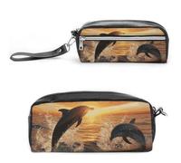 POTSCBVW Dolphins Jumping Out Of The Water At Sunset Pencil Case Large Capacity with Two Compartments, Zipper Leather Pencil Pouch, Portable Travel Cosmetic Bag for Women Men