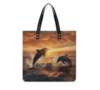 POTSCBVW Dolphins Jumping Out Of The Water At Sunset Tote Bag for Women, Extra Large PU Leather Handbag, Soft Shoulder Bag for Work & Beach