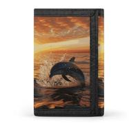 POTSCBVW Dolphins Jumping Out Of The Water At Sunset Wallet Compact Trifold Wallet with Keychain Lightweight & Durable Purse for Outdoor, style, One size, Classic