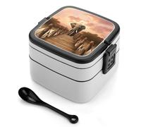 POTSCBVW Elephant on A Bridge Bento Box, Reusable Double Layer Lunch Box with Handle & Dividers, 1000ml Leakproof Lunch Container for Office, Picnic, Travel