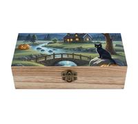 POTSCBVW Full Moon Bridge Black Cat Wooden Box with Hinged Lid - Vintage Small Keepsake Box Jewelry Organizer Decorative Boxes Rustic Wood Gift Boxes for Jewelry Photos Trinkets 7.9" X 3.9" X 2.3"