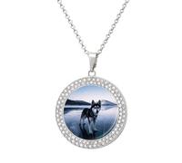 POTSCBVW Husky Dog on A Frozen Lake Pendant Necklace for Women Men - Elegant Diamond Necklace with 19.7 Inch Chain, Diamond Pendant Jewelry for Birthday Christmas Valentine's Day Gift, One Size, Metal