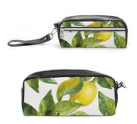 POTSCBVW Lemon Branch Leaves Pencil Case Large Capacity with Two Compartments, Zipper Leather Pencil Pouch, Portable Travel Cosmetic Bag for Women Men