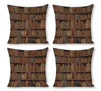 POTSCBVW Library Bookshelf Pillow Covers, Breathable Linen Pillow Cases - All Season | Hidden Zipper, Square Pillowcases for Bed, Sofa, Car Decor, 18"x18"（4pcs）