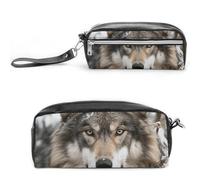 POTSCBVW Lmage of Wolf in The Snow Pencil Case Large Capacity with Two Compartments, Zipper Leather Pencil Pouch, Portable Travel Cosmetic Bag for Women Men