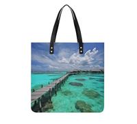 POTSCBVW Maldives Scenery Tote Bag for Women, Extra Large PU Leather Handbag, Soft Shoulder Bag for Work & Beach