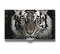 POTSCBVW Metal Business Card Holder Slim Ultra-Thin, Professional Black And White Tiger Business Card Case for 10-15 Cards, Lightweight Pocket Name Cards Holder for Men Women
