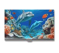 POTSCBVW Metal Business Card Holder Slim Ultra-Thin, Professional Seabed Coral Fish Dolphins Business Card Case for 10-15 Cards, Lightweight Pocket Name Cards Holder for Men Women