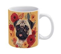 POTSCBVW Pug Flower Mugs 11 Oz Ceramic Coffee Mugs for Cafe & Home, Elegant Classic Tea Cup Gift for Men & Women