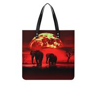 POTSCBVW Red Full Moon Elephants Tote Bag for Women, Extra Large PU Leather Handbag, Soft Shoulder Bag for Work & Beach